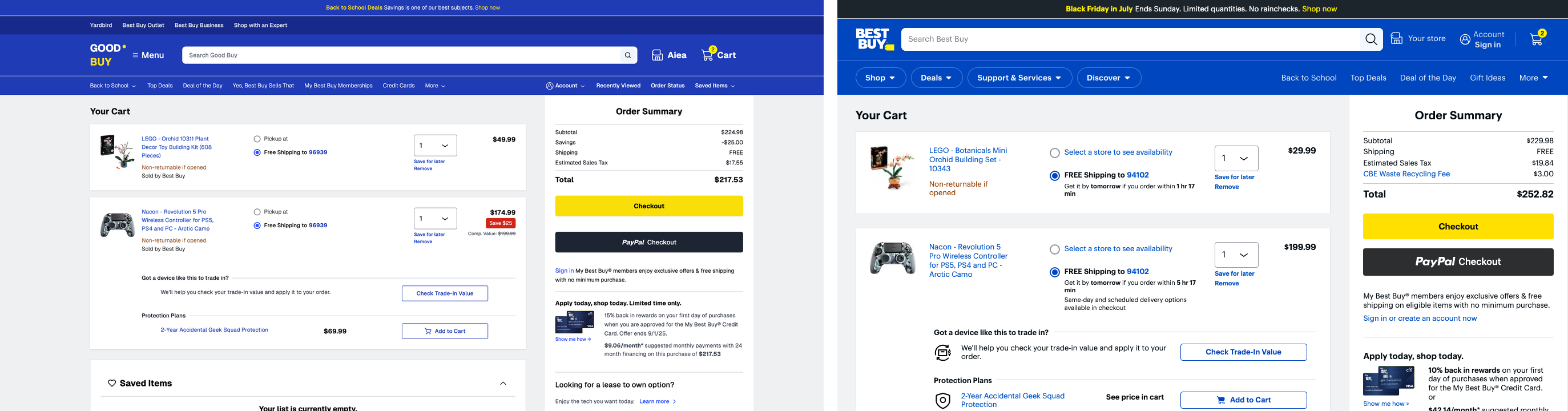 The Goodbuy (left) and Best Buy (right) starting carts, side by side